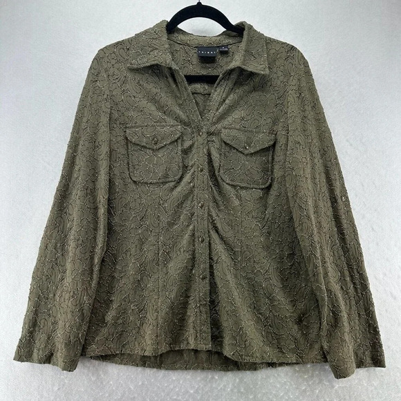 Tribal Tops - Tribal Top Womens Size M Floral Jacquard Shirt Button Front Long Sleeve Green